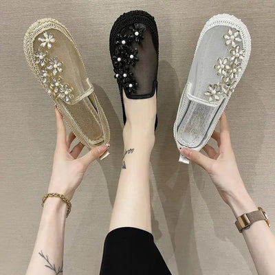 Rhinestone Floral Mesh Slip-On Flats